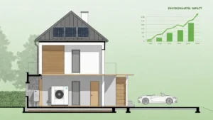 Infografika: nowy dom energooszczędny z panelami słonecznymi i pompą ciepła, zmniejszające ślad węglowy budynku dzięki OZE