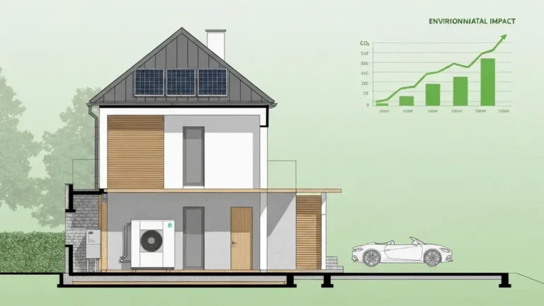 Infografika: nowy dom energooszczędny z panelami słonecznymi i pompą ciepła, zmniejszające ślad węglowy budynku dzięki OZE