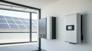 Falownik hybrydowy SMA Sunny Boy Storage z wyświetlaczem LCD, panele słoneczne w tle, magazyn energii w domu jednorodzinnym