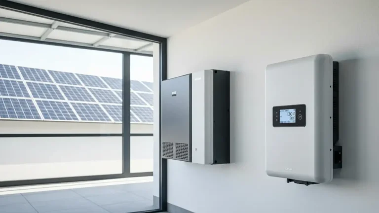 Falownik hybrydowy SMA Sunny Boy Storage z wyświetlaczem LCD, panele słoneczne w tle, magazyn energii w domu jednorodzinnym