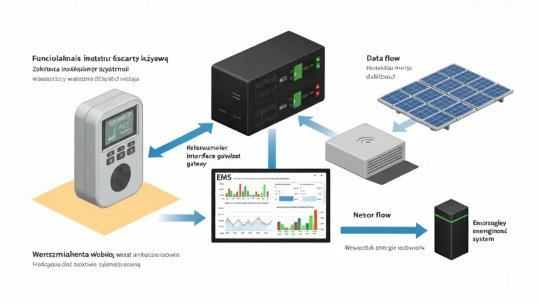 Schemat systemu smart meter i EMS sterujący magazynem energii: licznik elektroniczny, bramka komunikacyjna, oprogramowanie EMS i akumulator