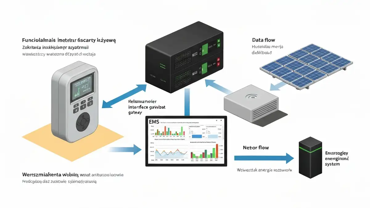 Schemat systemu smart meter i EMS sterujący magazynem energii: licznik elektroniczny, bramka komunikacyjna, oprogramowanie EMS i akumulator