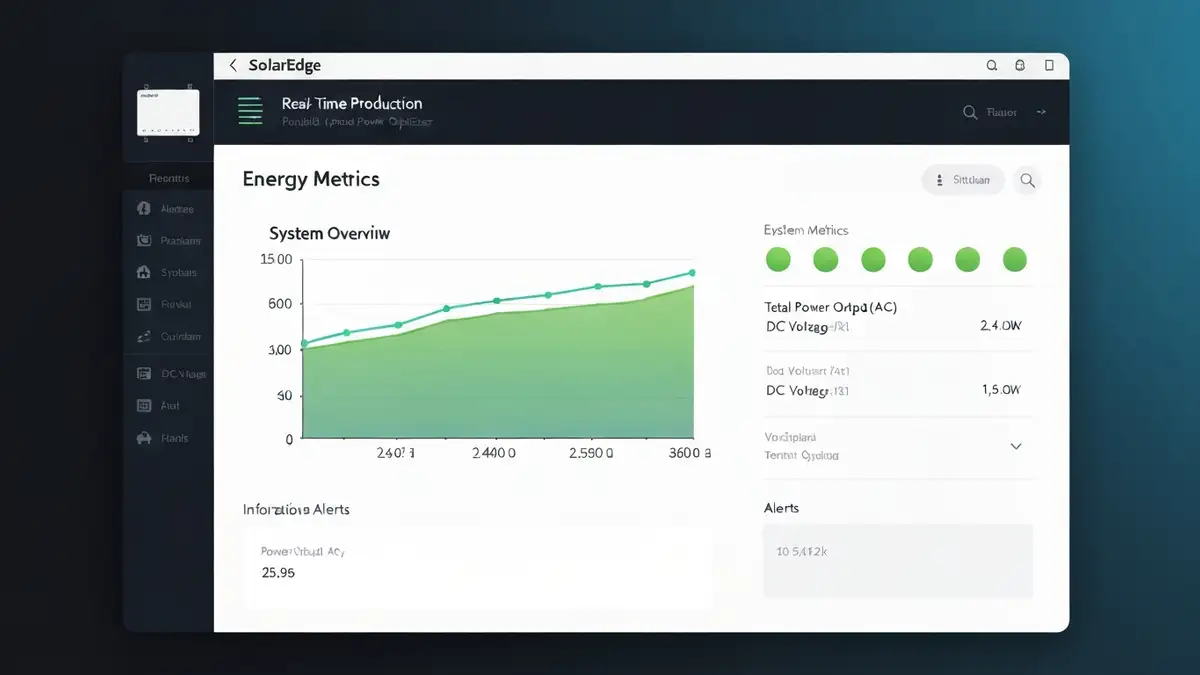 Screenshot portalu SolarEdge Monitoring z dashboardem pokazującym produkcję energii, wydajność paneli i status optymalizatorów mocy