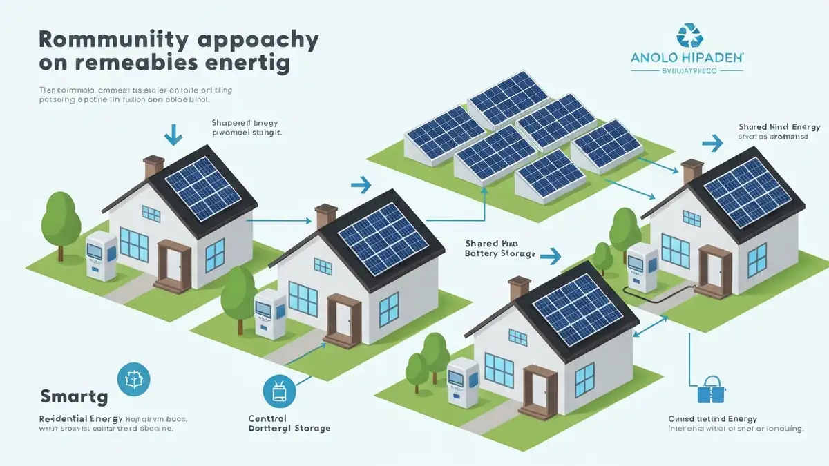 Diagram społeczności energetycznej z domami, panelami słonecznymi, magazynem energii i siecią elektroenergetyczną