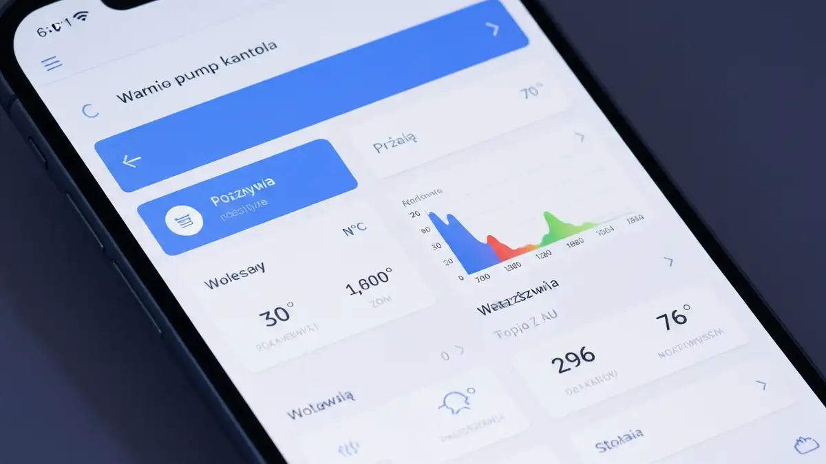 Ekran aplikacji mobilnej sterowania pompą ciepła z wyświetlanymi parametrami temperatury, zużyciem energii i harmonogramem grzewczym