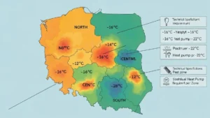 Mapa stref klimatycznych Polski z zaznaczeniem temperatur projektowych dla poszczególnych regionów i wymagań technicznych pomp ciepła