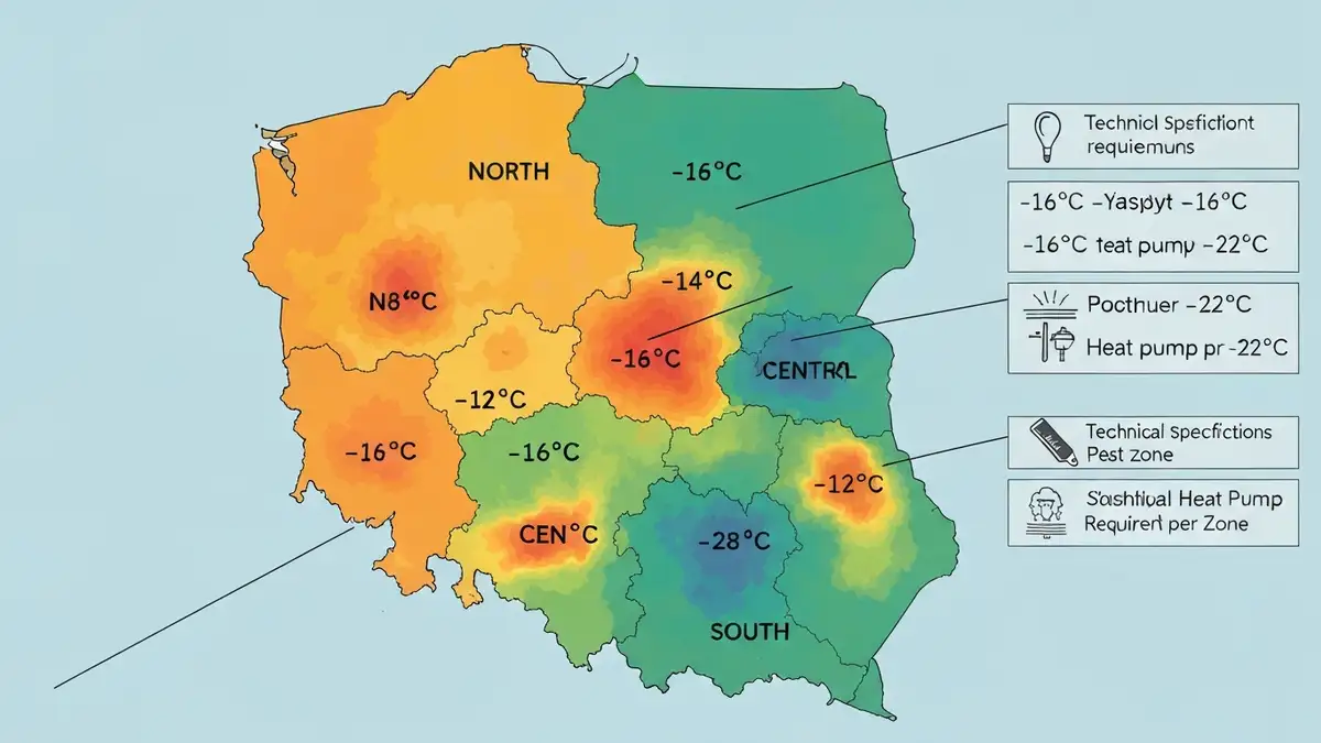 Mapa stref klimatycznych Polski z zaznaczeniem temperatur projektowych dla poszczególnych regionów i wymagań technicznych pomp ciepła