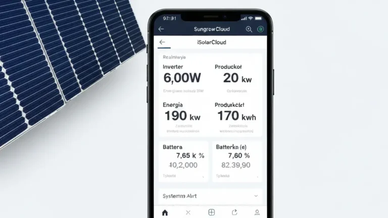 Ekran Sungrow iSolarCloud pokazujący monitoring mocy falownika i stanu magazynu energii w aplikacji mobilnej