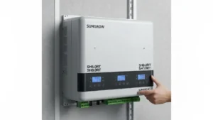 Falownik hybrydowy Sungrow SH5.0RT, SH6.0RT, SH8.0RT, SH10RT – przód i tył urządzenia z parametrami technicznymi