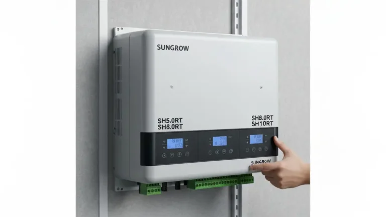 Falownik hybrydowy Sungrow SH5.0RT, SH6.0RT, SH8.0RT, SH10RT – przód i tył urządzenia z parametrami technicznymi