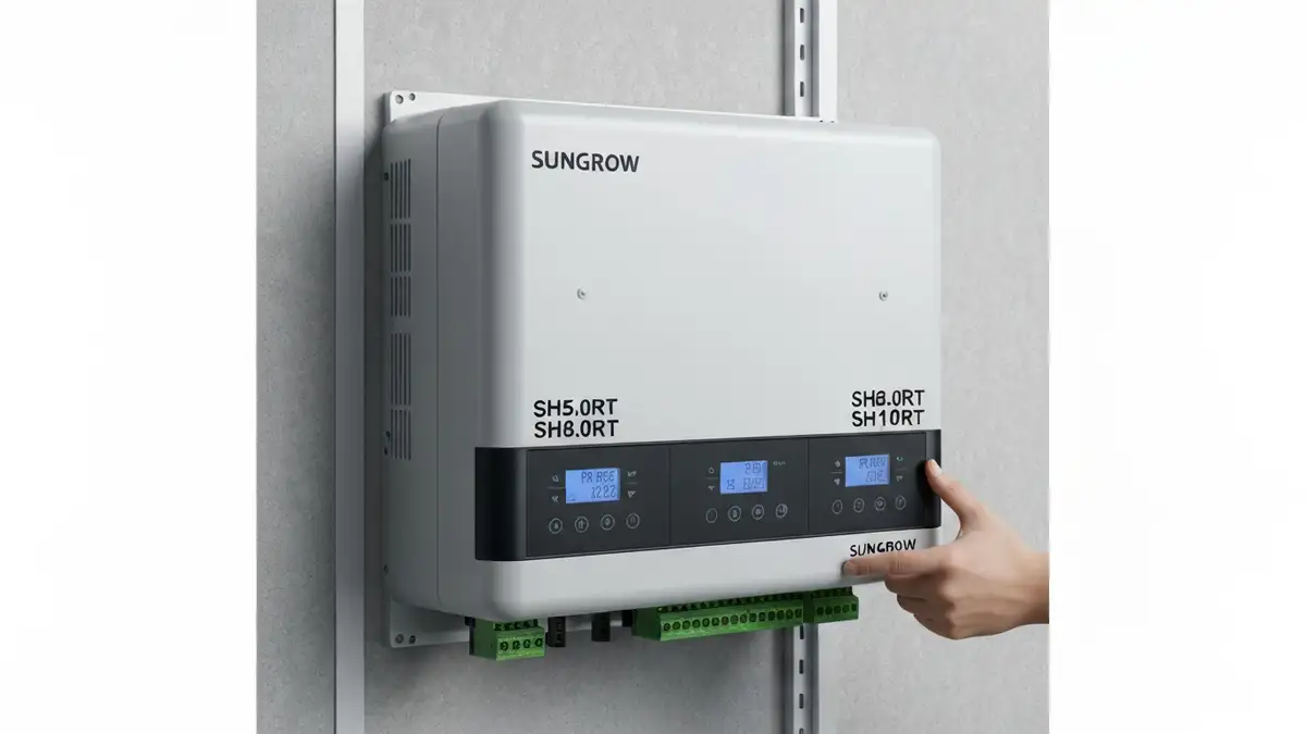 Falownik hybrydowy Sungrow SH5.0RT, SH6.0RT, SH8.0RT, SH10RT – przód i tył urządzenia z parametrami technicznymi