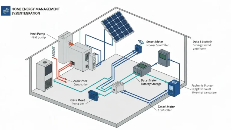 Schemat integracji systemu zarządzania energią (EMS) w domu jednorodzinnym z pompą ciepła powietrze-woda i panelami fotowoltaicznymi