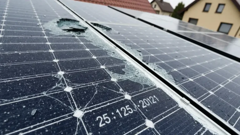 Uszkodzone panele fotowoltaiczne po gradzie – widoczne pęknięcia i ubytki na powierzchni