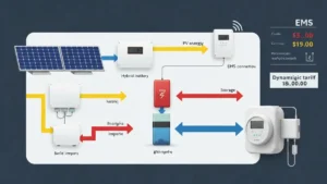 Schemat przepływu energii w systemie EMS z magazynem hybrydowym ładującym się na taniej taryfie dynamicznej