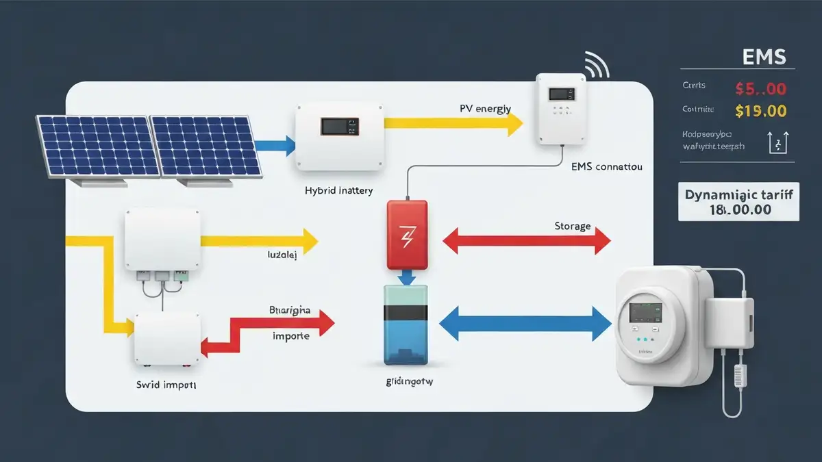 Schemat przepływu energii w systemie EMS z magazynem hybrydowym ładującym się na taniej taryfie dynamicznej