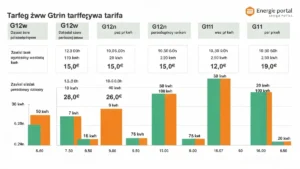 Porównanie taryf G12w, G12n i G11 dla pompy ciepła - tabela godzin szczytu i cen