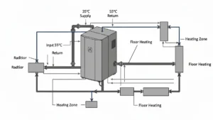 Schemat porównujący temperaturę zasilania 35°C i 55°C w pompie ciepła - diagram z wykresem COP