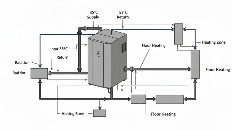 Schemat porównujący temperaturę zasilania 35°C i 55°C w pompie ciepła - diagram z wykresem COP