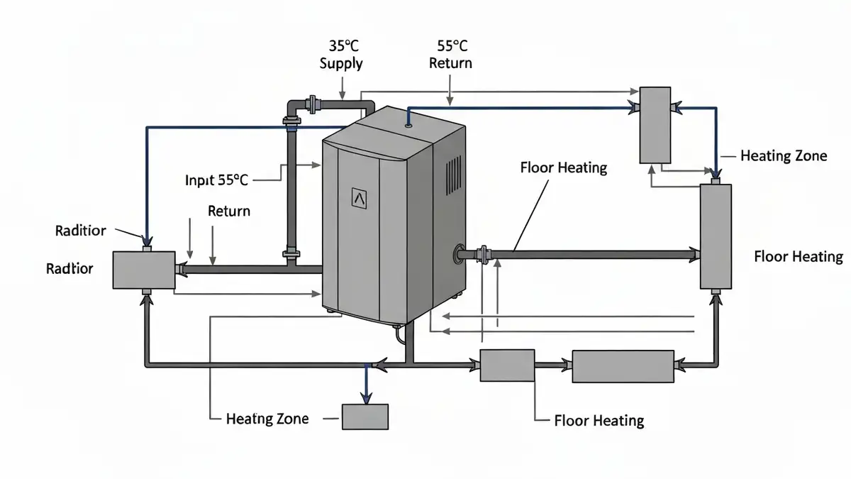 Schemat porównujący temperaturę zasilania 35°C i 55°C w pompie ciepła - diagram z wykresem COP