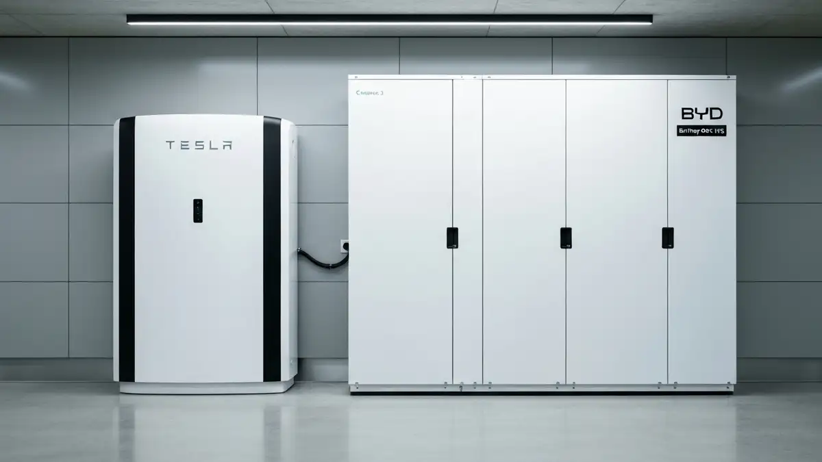 Porównanie Tesla Powerwall 3 i BYD Battery-Box HVS – widok frontalny obu magazynów energii w tym samym oświetleniu