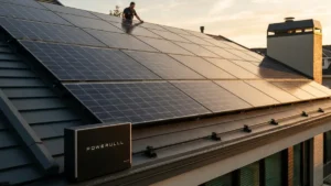 Tesla Solar Roof zainstalowany na domu jednorodzinnym – dachówka fotowoltaiczna z widocznym systemem Powerwall