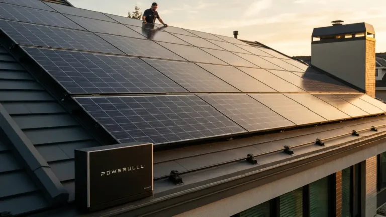 Tesla Solar Roof zainstalowany na domu jednorodzinnym – dachówka fotowoltaiczna z widocznym systemem Powerwall