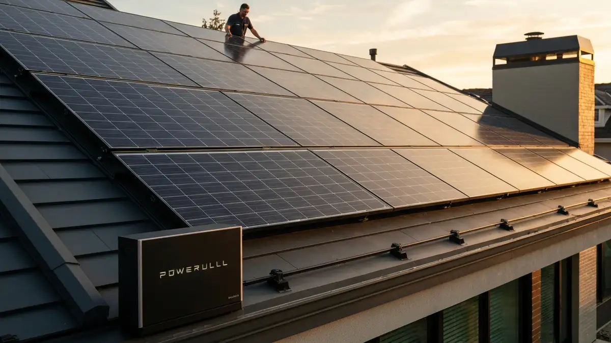 Tesla Solar Roof zainstalowany na domu jednorodzinnym – dachówka fotowoltaiczna z widocznym systemem Powerwall