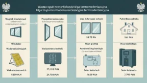Infografika listy wydatków kwalifikowanych do ulgi termomodernizacyjnej: ocieplenie ścian, wymiana okien, pompa ciepła, kocioł, kolektory słoneczne z limitami kwot