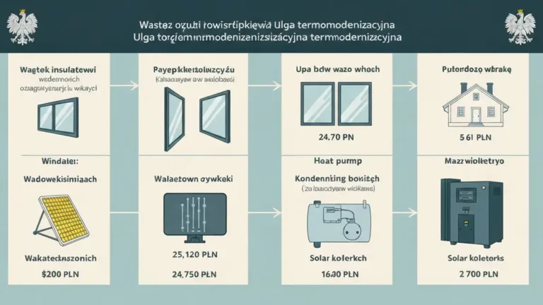 Infografika listy wydatków kwalifikowanych do ulgi termomodernizacyjnej: ocieplenie ścian, wymiana okien, pompa ciepła, kocioł, kolektory słoneczne z limitami kwot