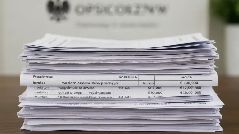 Dokumenty i faktury odliczenia ulgi termomodernizacyjnej z logiem urzędu skarbowego i kwotą zwrotu