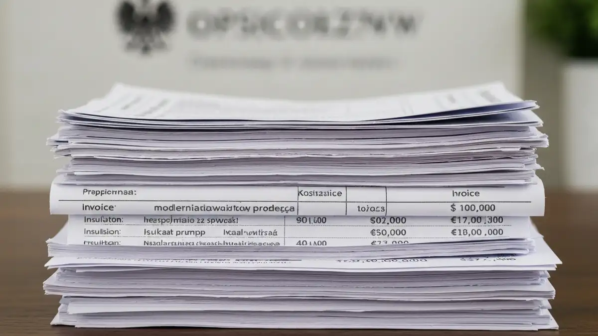 Dokumenty i faktury odliczenia ulgi termomodernizacyjnej z logiem urzędu skarbowego i kwotą zwrotu
