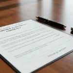 Dokument umowy prosumenta z operatorem energetycznym na biurku, długopis i kalkulator – symbol podpisywania umowy