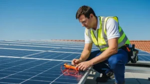 Elektryk certyfikowany SEP G1 przeprowadzający montaż instalacji fotowoltaiki z drilla i sprzętem pomiarowym