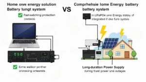 Porównanie schematów: po lewej mały UPS z baterią, po prawej duży magazyn energii LiFePO4 pod domem z panelami słonecznymi