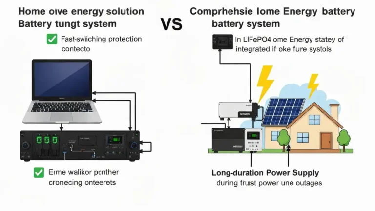 Porównanie schematów: po lewej mały UPS z baterią, po prawej duży magazyn energii LiFePO4 pod domem z panelami słonecznymi