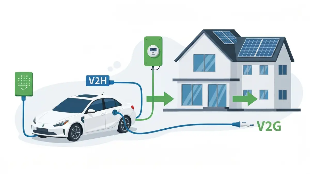 Schemat V2G i V2H: samochod elektryczny podlaczony do domu z panelami fotowoltaicznymi i siecia energetyczna