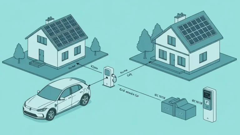 Schemat systemu V2G – samochód elektryczny podłączony do stacji V2G, dom z instalacją fotowoltaiki i sieć elektroenergetyczna