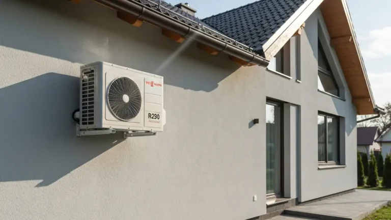 Pompa ciepła Viessmann Vitocal 250-A z ganem R290 przy domu jednorodzinnym, jednostka zewnętrzna montaż scienny