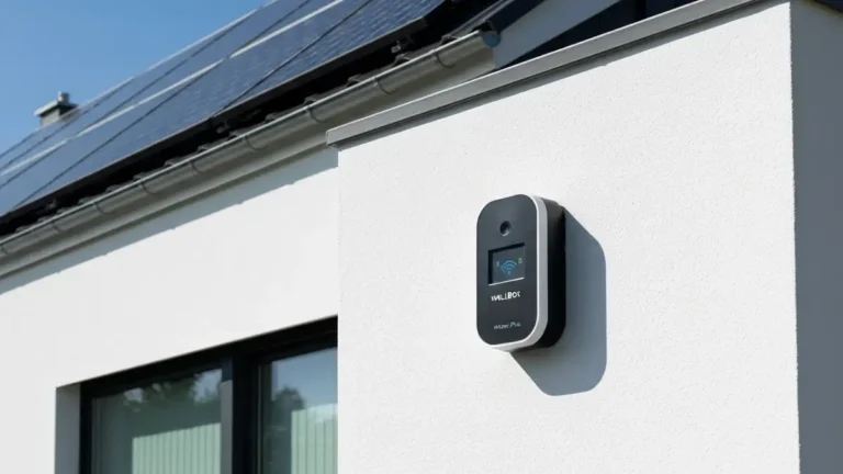 Wallbox Pulsar Plus ładowarka EV montaż na ścianie domu z panelami fotowoltaiki na dachu