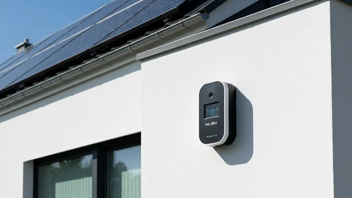 Wallbox Pulsar Plus ładowarka EV montaż na ścianie domu z panelami fotowoltaiki na dachu