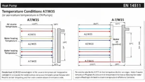 Schemat warunków testowych A7/W35, A2/W35, A-7/W35 dla pomp ciepła z temperaturami powietrza i wody