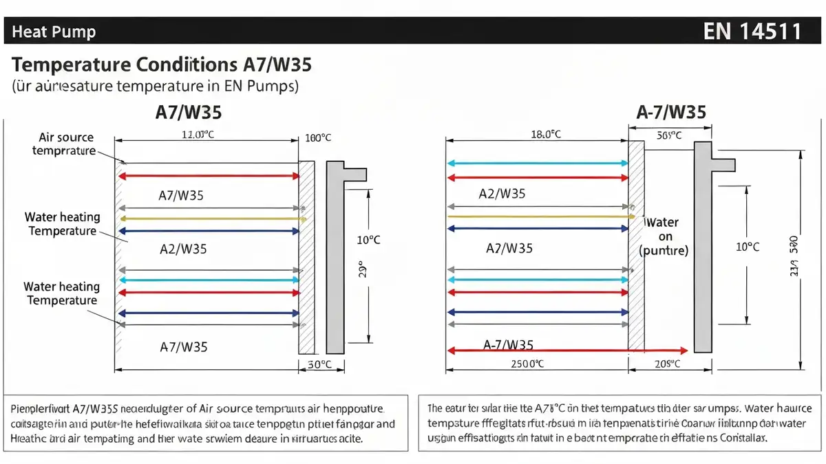 Schemat warunków testowych A7/W35, A2/W35, A-7/W35 dla pomp ciepła z temperaturami powietrza i wody