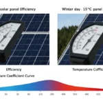 Schemat pokazujący wpływ temperatury na wydajność panelu słonecznego – lato 60°C vs zima 15°C, z wykresem spadku mocy