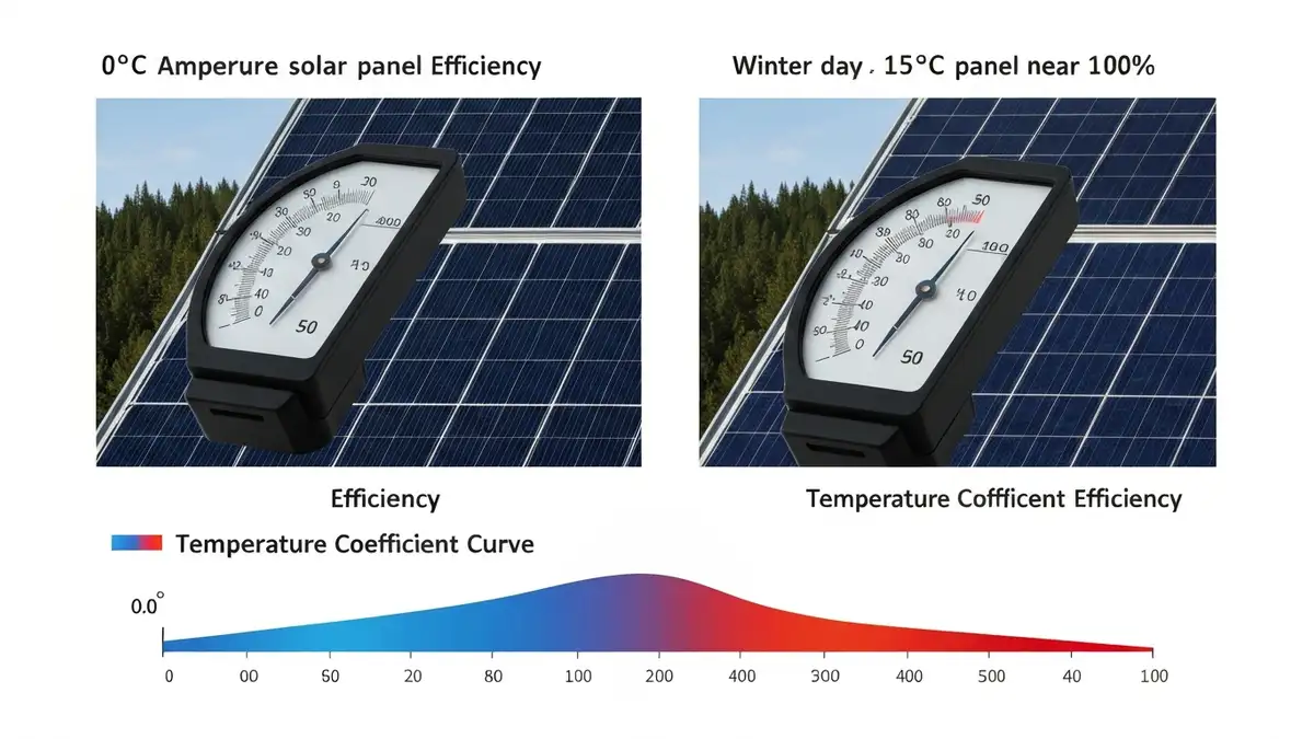 Schemat pokazujący wpływ temperatury na wydajność panelu słonecznego – lato 60°C vs zima 15°C, z wykresem spadku mocy