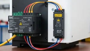 Wyłącznik przeciwpożarowy DC rapid shutdown zainstalowany w rozdzielczej obok inwertera fotowoltaicznego, widoczne oznaczenia i przewody sygnałowe