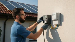 Technician installing a smart bidirectional electricity meter for a photovoltaic system on a residential building wall