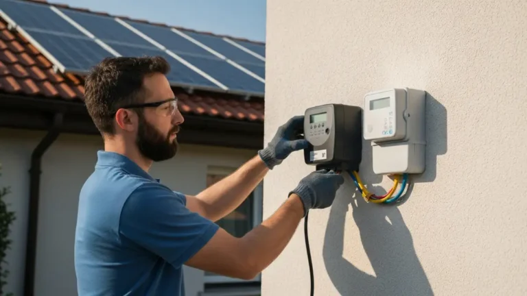 Technician installing a smart bidirectional electricity meter for a photovoltaic system on a residential building wall
