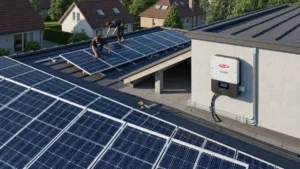 Złożona instalacja fotowoltaiczna z widocznymi panelami PV i falownikiem SolarEdge na dachu domu mieszkalnego, ilustracja wymiany komponentów