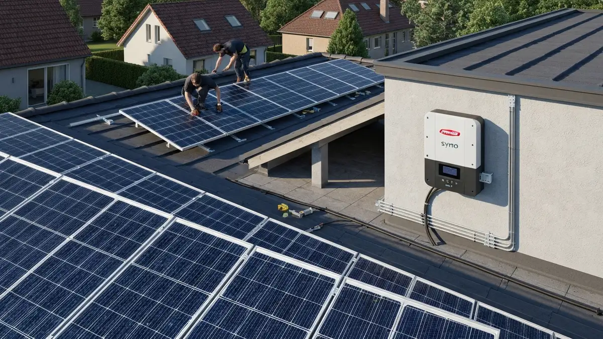 Złożona instalacja fotowoltaiczna z widocznymi panelami PV i falownikiem SolarEdge na dachu domu mieszkalnego, ilustracja wymiany komponentów