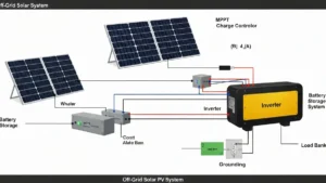 Schematyczny diagram systemu fotowoltaicznego off-grid z panelami słonecznymi, inwerterem, magazynem baterii i zasilaniem domu